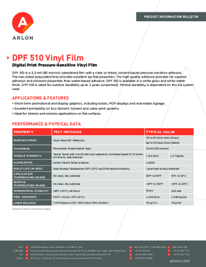Spec Sheet For Arlon DPF 510GT DPF 510MT Calendered Vinyl PSA Print Media