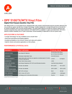 Data Sheet For Arlon DPF 510GTX DPF 510MTX Calendered Vinyl PSA Print Media