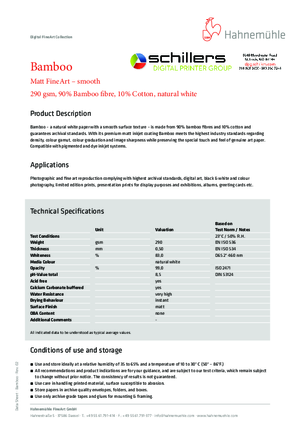 Data Sheet For Hahnemuhle Bamboo 290gsm Fine Art Print Media