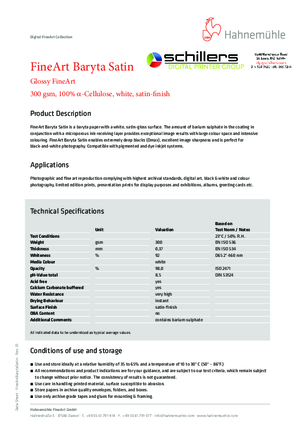 Data Sheet For Hahnemuhle FineArt Baryta Satin Fine Art Print Media
