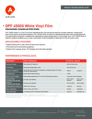 Specifications For Arlon DPF 4500G Gloss Clear Calendered Vinyl PSA Print Media