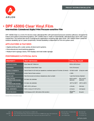 Specifications For Arlon DPF 4500G Gloss White Calendered Vinyl PSA Print Media