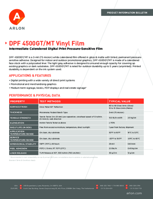 Specifications For Arlon DPF 4500GT MT Cast Vinyl PSA Print Media